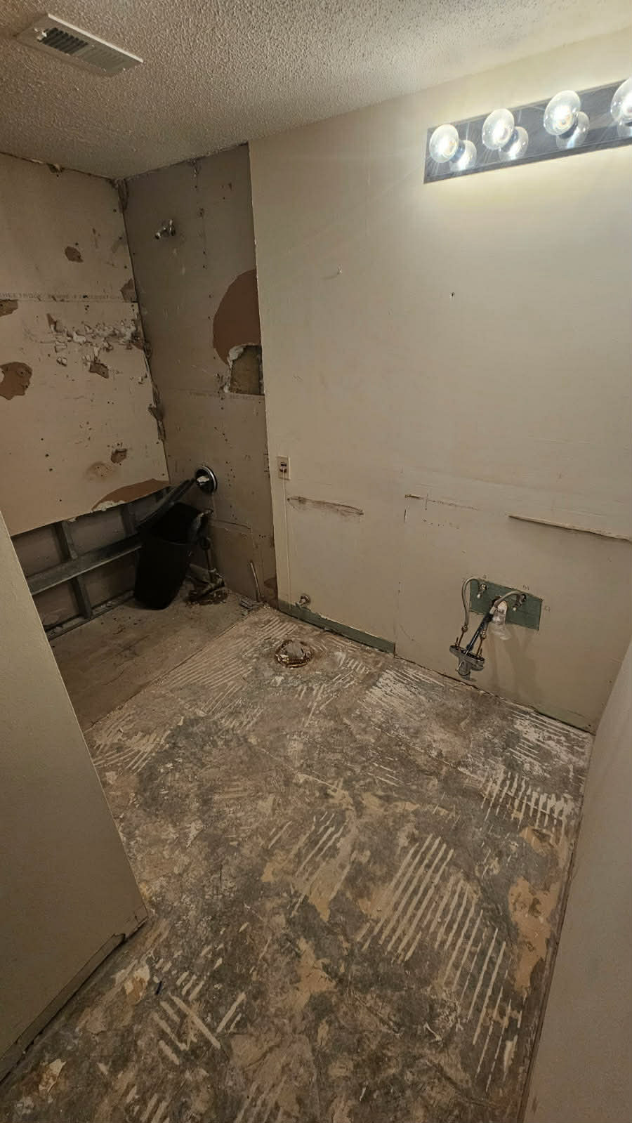 Bathroom gutted down to the subfloor — tile and fixtures out, plumbing rough-in exposed