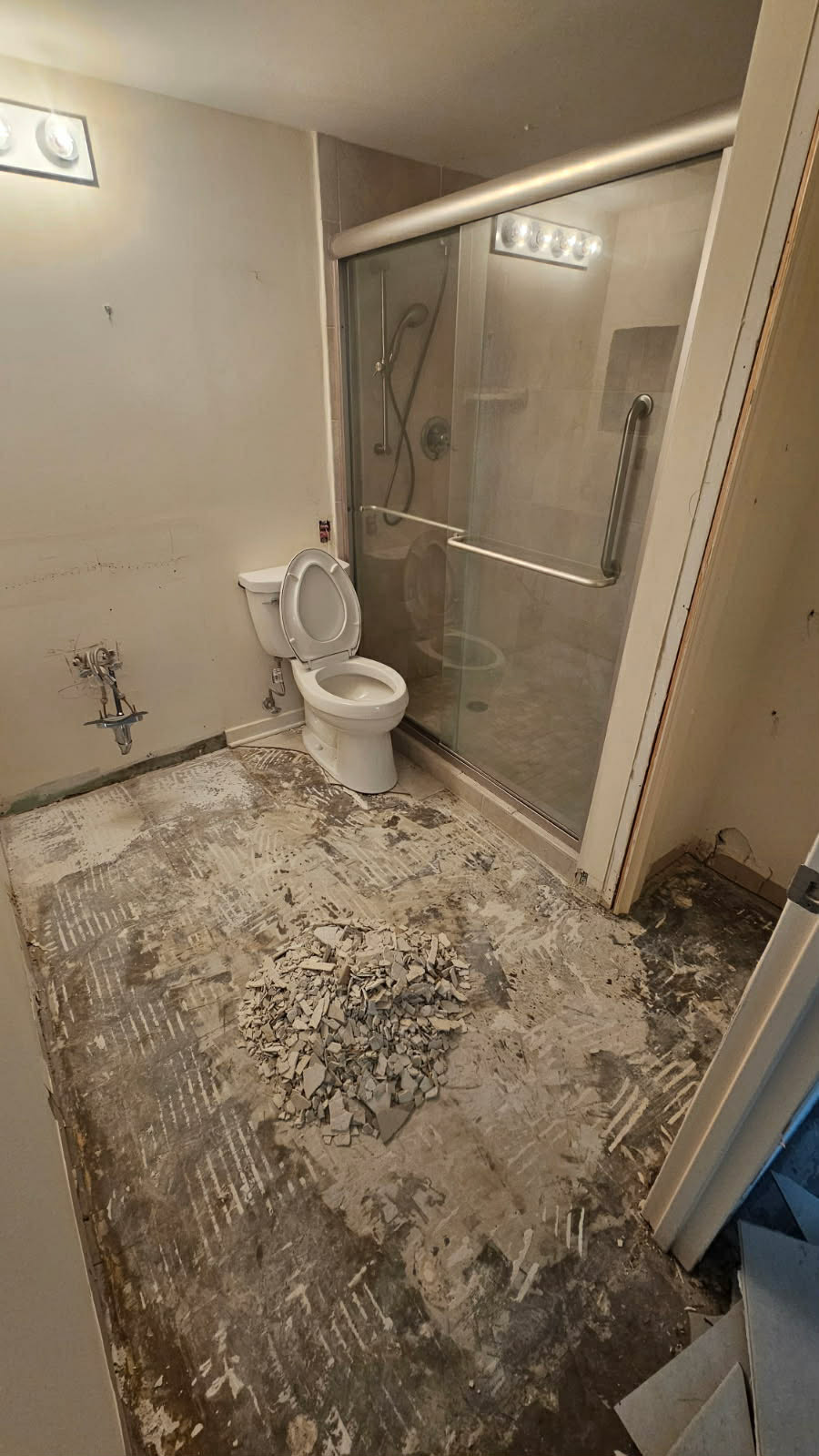 Bathroom mid-demolition — the toilet with the lid up beside the glass-enclosed shower stall, the floor stripped to the subfloor with broken tile debris and exposed plumbing